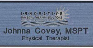 Laser engraved silver/black name tag with logo and text