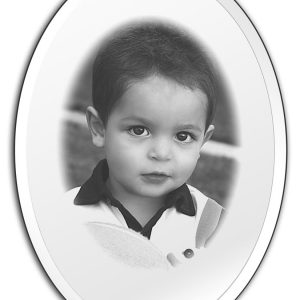 small 5x7 oval beveled frameless mirror with custom laser engraved image, portrait layout