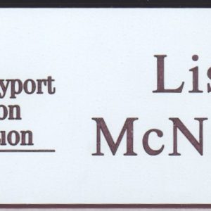 Engraved name tag with burgundy logo and text