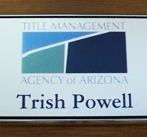 Full color silver framed tag with printed logo and text