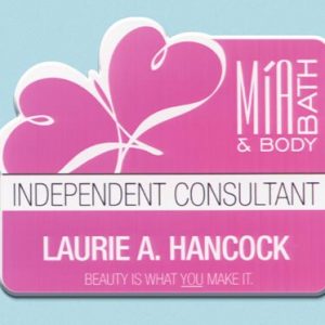 White custom shaped full color tag with printed pink background 1 line of text