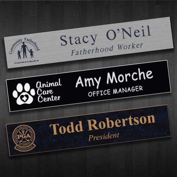Plastic name plates engraved with logos & 2 lines of text