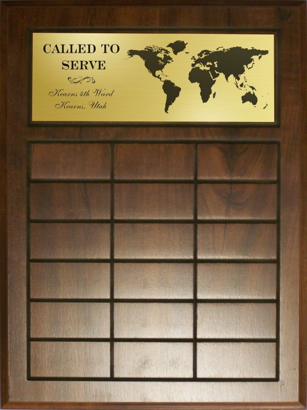 Missionary Perpetual Plaque with 12, 18, or 24 spaces & laser engraved gold header plate featuring ward & stake name & graphic of the world