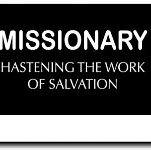 small pocket style imitation LDS missionary tag, black background with the words Missionary Hastening the Work of Salvation engraved in white