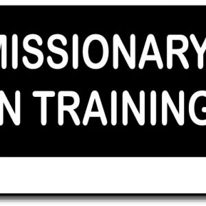small pocket style imitation LDS missionary tag, black background with the words Missionary In Training engraved in white