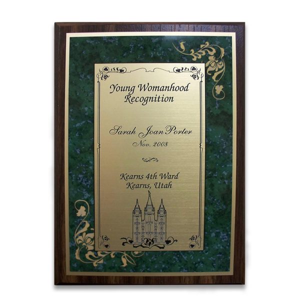 7" x 9" walnut finish Young Womanhood Recognition plaque with green marble plastic plate & gold engraving, featuring a young woman's name, date she received her award, ward & stake names, and a graphic of the Salt Lake Temple