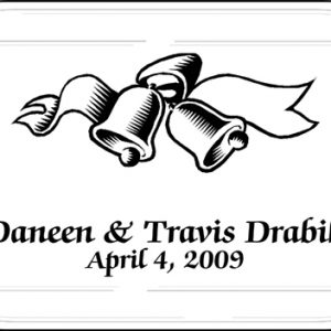 Laser engraved 9 x 13 casserole dish / glass baking dish with wedding bells graphic & 2 lines of personalized text engraved on the underside of the dish