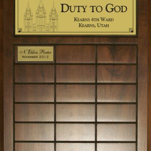 Dark wood grain perpetual plaque with engraved inserts with engraved text and temple.