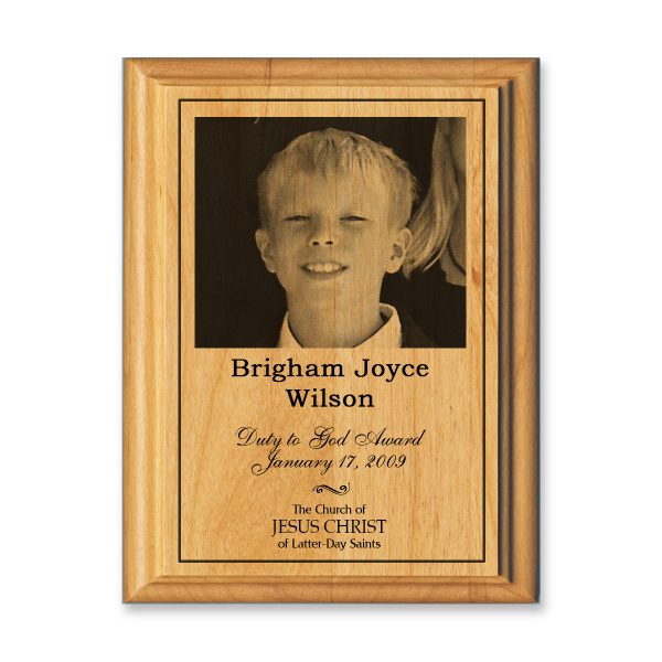 Alder wood recognition plaque with engraved text and lasered picture.