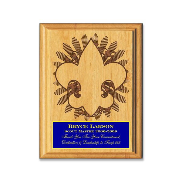 Scouting Thank You plaque for scout leaders & scout awards, 5x7 laser engraved solid red alder wood plaque with scouting fleur de lis & engraved plastic inscription plate with up to 4 lines of text