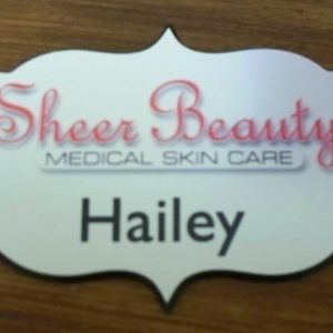 Full color custom shape name tag with engraved name