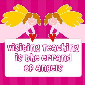 Pink refrigerator magnet that says Visiting Teaching is the Errand of Angels with angel graphics