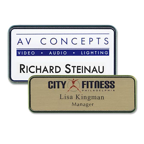 Framed full color name tags with engraved text. With white background and gold background.
