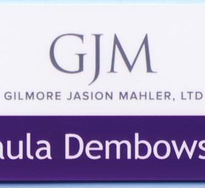 Full color name tag with one line of text and small solid fill