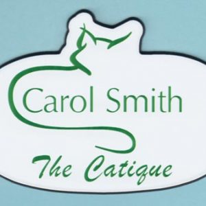 Full color logo with name on a custom shaped tag