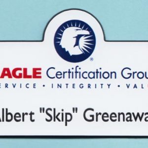 Full color custom shape name tag with engraved name