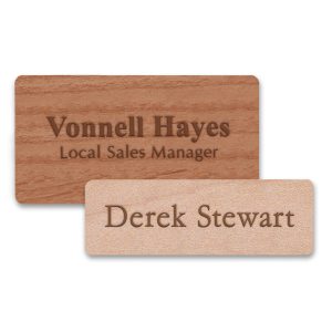 Wooden name tags with engraved text made from high quality premium wood.