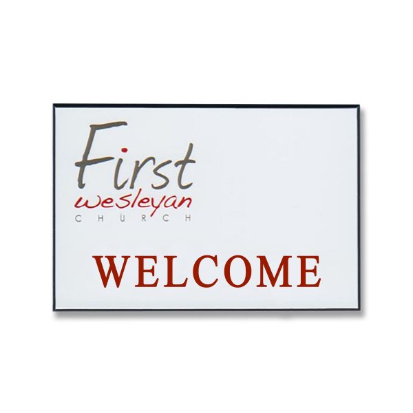 Full color printed First Wesleyan Church name tag with logo and welcome text.