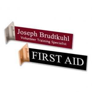double-sided black and red corridor sign with white engraved text on both sides & gold & silver mounting bracket