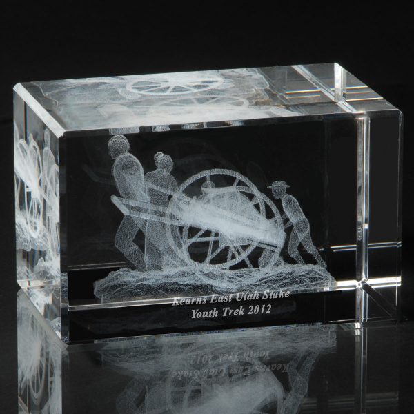 Crystal cube laser engraved with mormon handcart pioneers & personalization