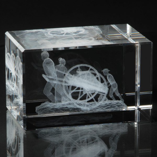 Crystal cube laser engraved with mormon handcart pioneers