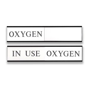 Engraved sliding wall sign with black metal holder and white plastic inserts. Includes engraved slider piece.