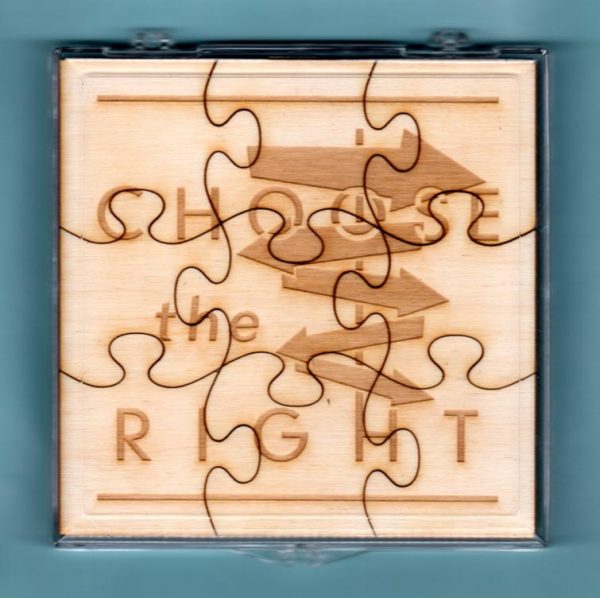 Laser-engraved birch wood LDS primary puzzle featuring the words "Choose The Right" & graphics