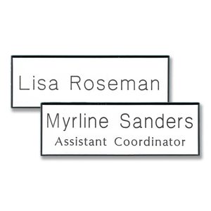 White LDS temple name tags with engraved names and titles.