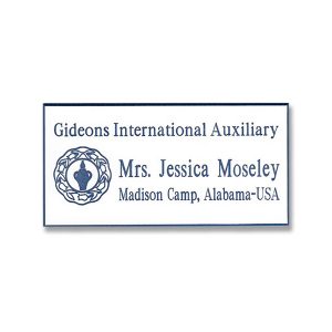 Full color tag with printed blue Gideons logo and names and titles.