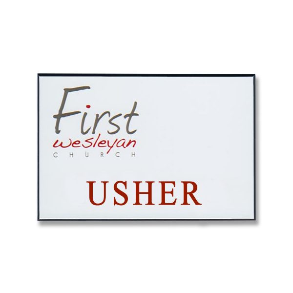Full color printed name tag First Wesleyan Church with Usher text.
