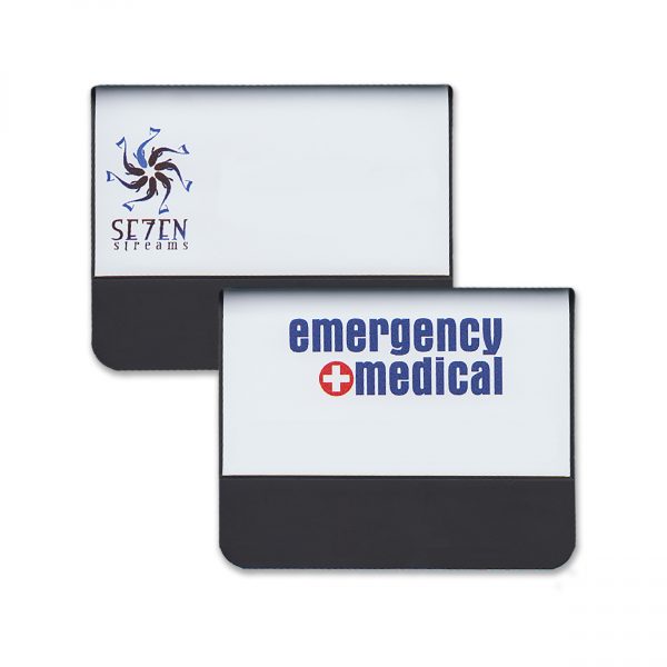 White plastic pocket name tags with full color printed logos on the face.