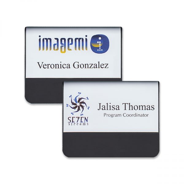 Full color pocket name tags with logos & names & titles on a white background.