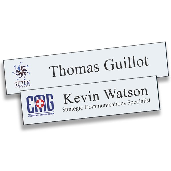 Full Color Printed Name Plates with logo and lines of text. White backgrounds with black text and full color logos.