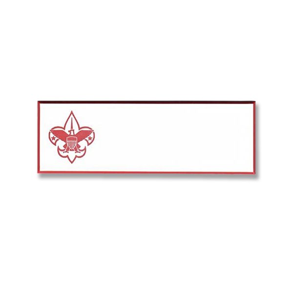White name tag with red engraved scouting logo.