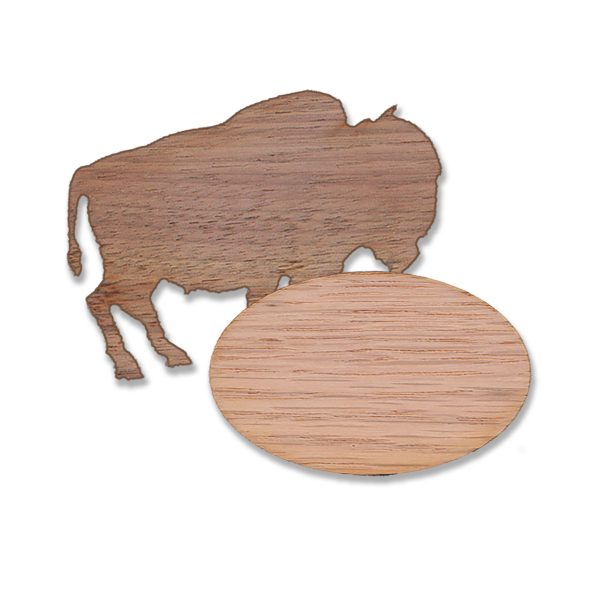 High quality wood grain custom shaped name tags, blank in the shape of an oval and buffalo