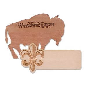 custom shaped wooden name tags with logos assorted in various wood-grain colors and shapes
