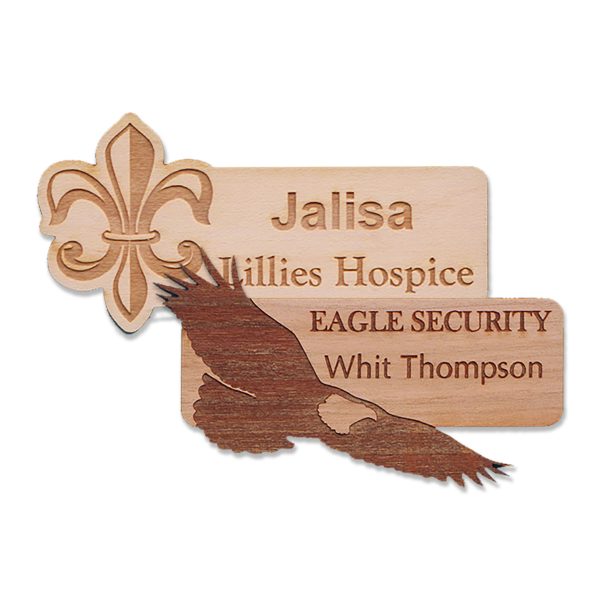 custom shaped wooden name tags with logo & text assorted in various wood-grain colors and shapes