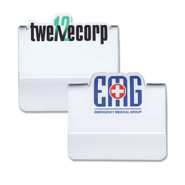 Full color pocket name tags on a white background with logos that pop up above the top of the tag.