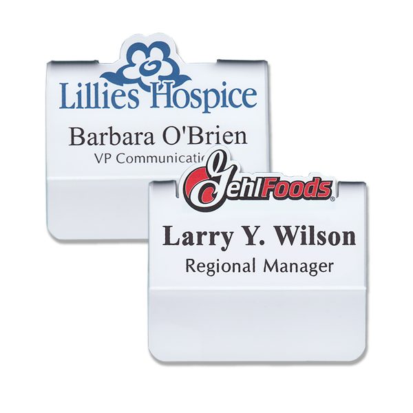 Full color pocket name tags with logos that pop up above the top of the tag, and names & titles on a white background.