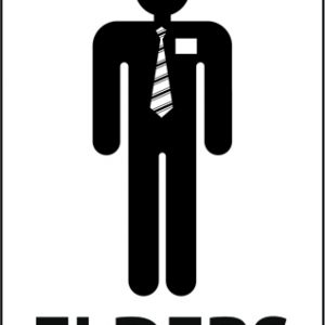 restroom sign with engraved figure of an LDS Missionary Elder and the word ELDERS