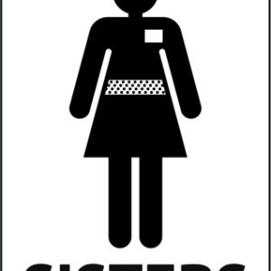 restroom sign with engraved figure of an LDS Missionary Sister and the word SISTERS