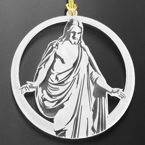 LDS christmas tree ornament with Christus statue design, 100 percent acrylic plastic with loop for hanging