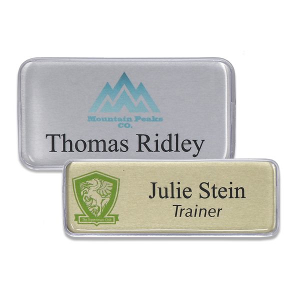 Domed name tags with full color logo and lines of text. Silver metallic finish and gold metallic finish. With reusable plastic dome cover.