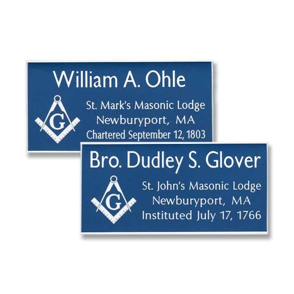 Blue name tags with white engraved Masonic Lodge logo and names and titles.