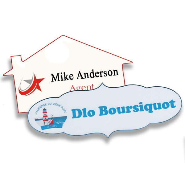Custom Shaped Full Color Printed Name Plates with logos and lines of text. White background with red and gray logo and text and blue background with logo and blue text.