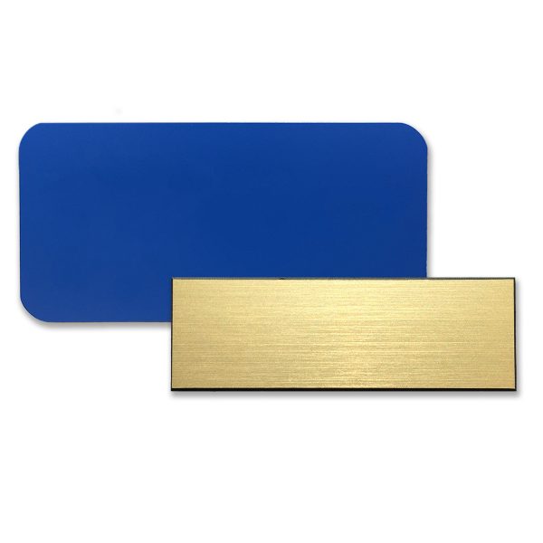 Blank plastic name tags made from blue plastic and gold plastic.