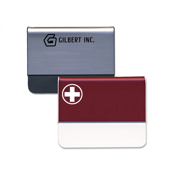Silver and red pocket name tags with engraved logos.