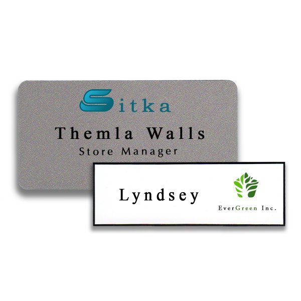 Full color printed name tags, silver background and white background, with a logo and 1 to 2 lines of text.