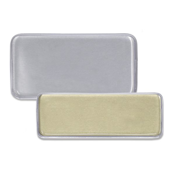 Blank domed name tags, with silver metallic finish and gold metallic finish. With reusable plastic dome cover.