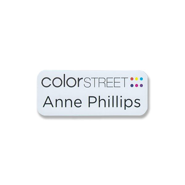 Color Street white name tag with full color printed logo and names.